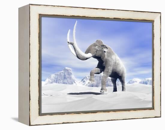 Large Mammoth Walking Slowly on the Snowy Mountain Against the Wind-null-Framed Stretched Canvas