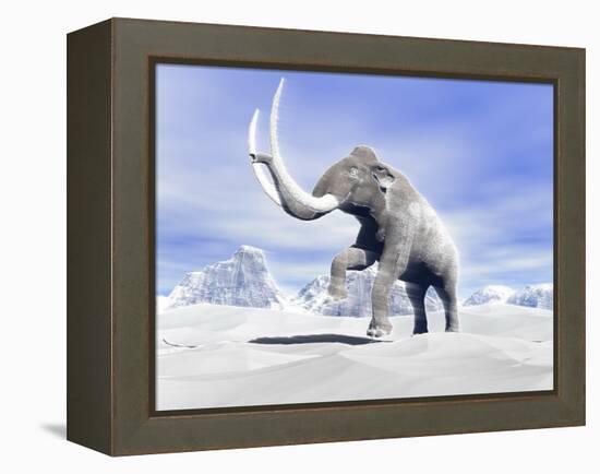 Large Mammoth Walking Slowly on the Snowy Mountain Against the Wind-null-Framed Stretched Canvas