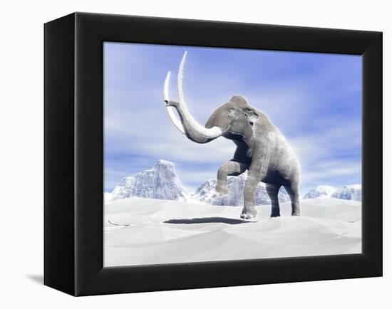 Large Mammoth Walking Slowly on the Snowy Mountain Against the Wind-null-Framed Stretched Canvas