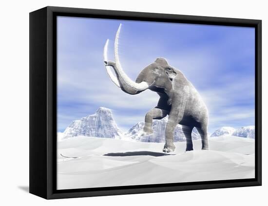Large Mammoth Walking Slowly on the Snowy Mountain Against the Wind-null-Framed Stretched Canvas