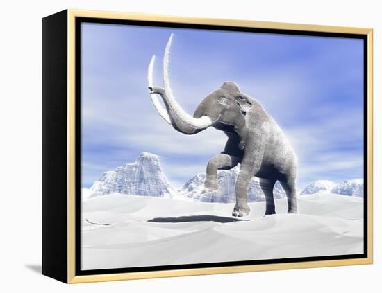 Large Mammoth Walking Slowly on the Snowy Mountain Against the Wind-null-Framed Stretched Canvas