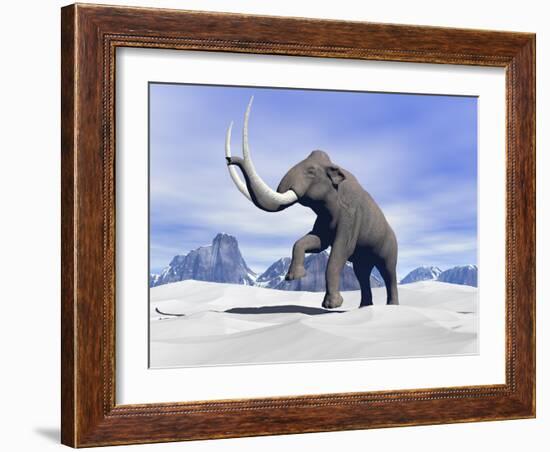 Large Mammoth Walking Slowly on the Snowy Mountain-null-Framed Art Print