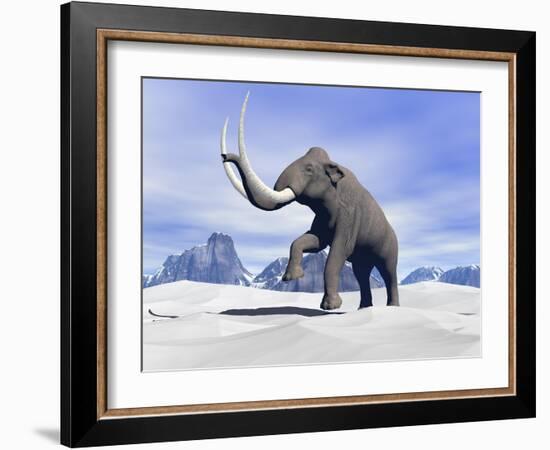 Large Mammoth Walking Slowly on the Snowy Mountain-null-Framed Art Print