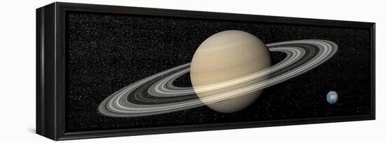 Large Planet Saturn and its Rings Next to Small Planet Earth-null-Framed Stretched Canvas