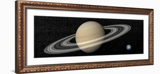 Large Planet Saturn and its Rings Next to Small Planet Earth-null-Framed Art Print