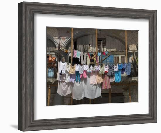 Large Quantity of Laundry Hanging from the Balcony of a Crumbling Building, Habana Vieja, Cuba-Eitan Simanor-Framed Photographic Print