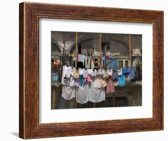 Large Quantity of Laundry Hanging from the Balcony of a Crumbling Building, Habana Vieja, Cuba-Eitan Simanor-Framed Photographic Print