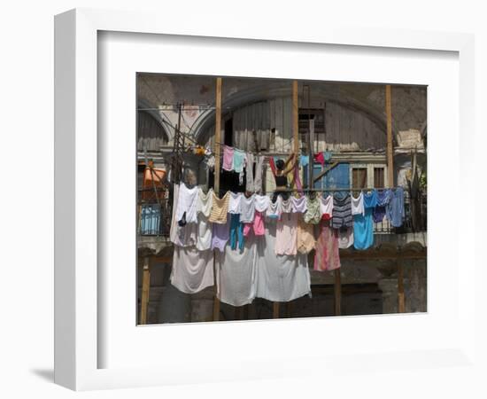 Large Quantity of Laundry Hanging from the Balcony of a Crumbling Building, Habana Vieja, Cuba-Eitan Simanor-Framed Photographic Print