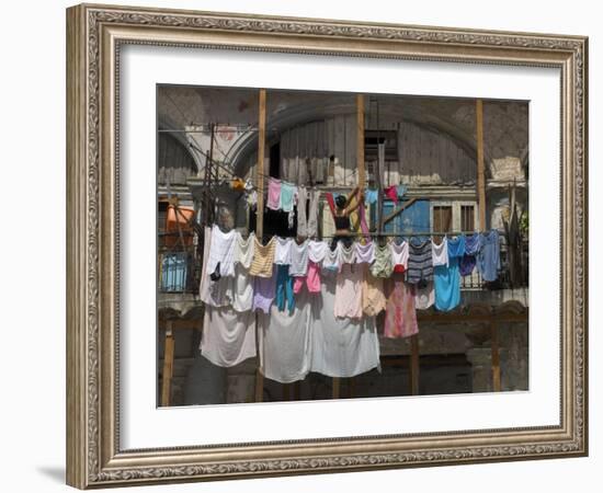 Large Quantity of Laundry Hanging from the Balcony of a Crumbling Building, Habana Vieja, Cuba-Eitan Simanor-Framed Photographic Print