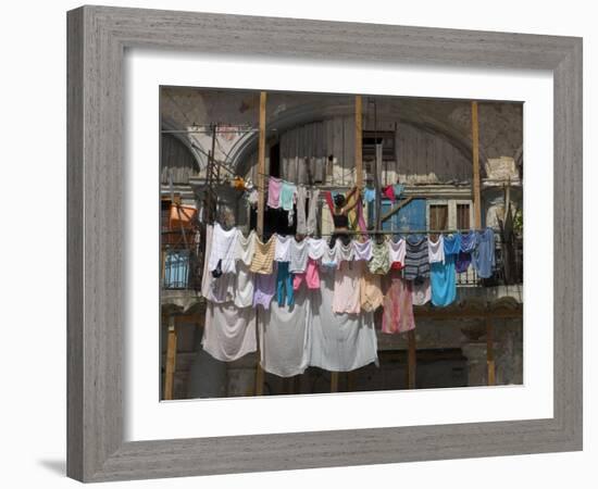 Large Quantity of Laundry Hanging from the Balcony of a Crumbling Building, Habana Vieja, Cuba-Eitan Simanor-Framed Photographic Print