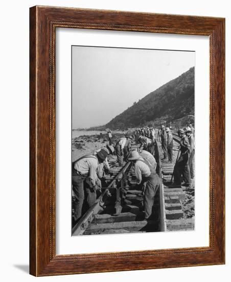 Large Railroad Crews Prying Up Track and Putting in Switch on Railroad Running Through Cajon Pass-Peter Stackpole-Framed Photographic Print