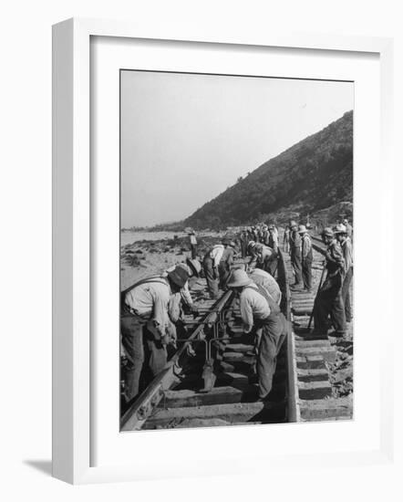 Large Railroad Crews Prying Up Track and Putting in Switch on Railroad Running Through Cajon Pass-Peter Stackpole-Framed Photographic Print