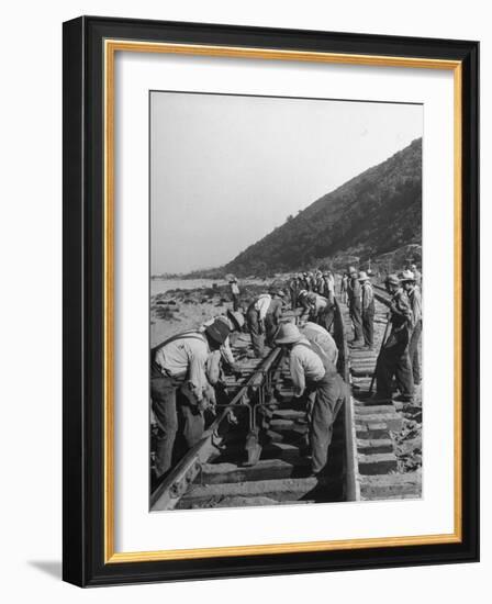 Large Railroad Crews Prying Up Track and Putting in Switch on Railroad Running Through Cajon Pass-Peter Stackpole-Framed Photographic Print