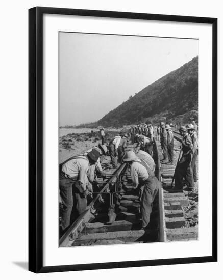 Large Railroad Crews Prying Up Track and Putting in Switch on Railroad Running Through Cajon Pass-Peter Stackpole-Framed Photographic Print