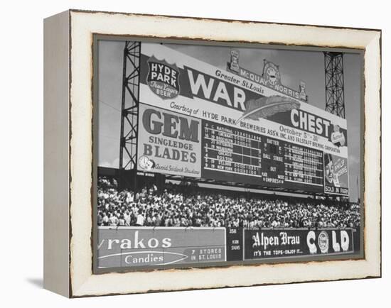 Large Scoreboard Towering over Fans Showing Baseball Scores from Around the League-Wallace Kirkland-Framed Premier Image Canvas