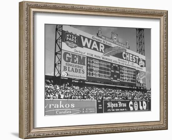 Large Scoreboard Towering over Fans Showing Baseball Scores from Around the League-Wallace Kirkland-Framed Photographic Print