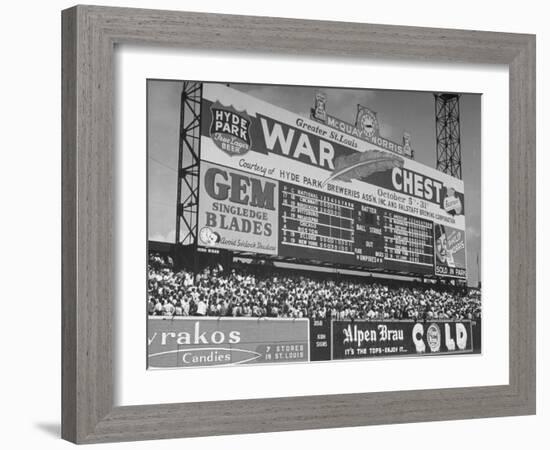 Large Scoreboard Towering over Fans Showing Baseball Scores from Around the League-Wallace Kirkland-Framed Photographic Print