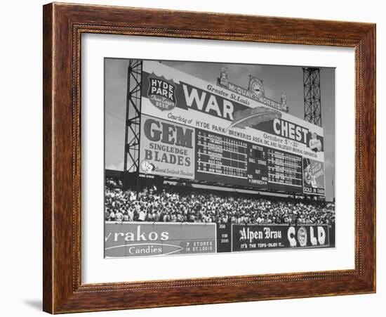 Large Scoreboard Towering over Fans Showing Baseball Scores from Around the League-Wallace Kirkland-Framed Photographic Print