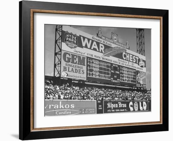 Large Scoreboard Towering over Fans Showing Baseball Scores from Around the League-Wallace Kirkland-Framed Photographic Print