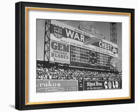 Large Scoreboard Towering over Fans Showing Baseball Scores from Around the League-Wallace Kirkland-Framed Photographic Print