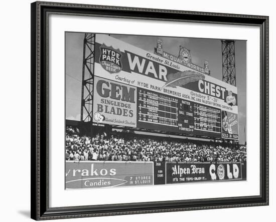 Large Scoreboard Towering over Fans Showing Baseball Scores from Around the League-Wallace Kirkland-Framed Photographic Print