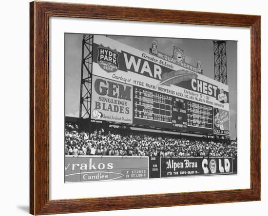 Large Scoreboard Towering over Fans Showing Baseball Scores from Around the League-Wallace Kirkland-Framed Photographic Print