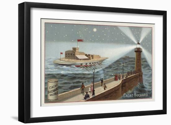 Large Ship Powered by Oars Illuminated by a Lighthouse-null-Framed Giclee Print