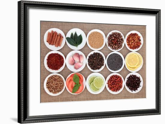 Large Spice, Herb And Food Ingredient Selection In White Porcelain Bowls Over Hessian Background-marilyna-Framed Premium Giclee Print