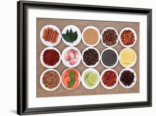 Large Spice, Herb And Food Ingredient Selection In White Porcelain Bowls Over Hessian Background-marilyna-Framed Art Print