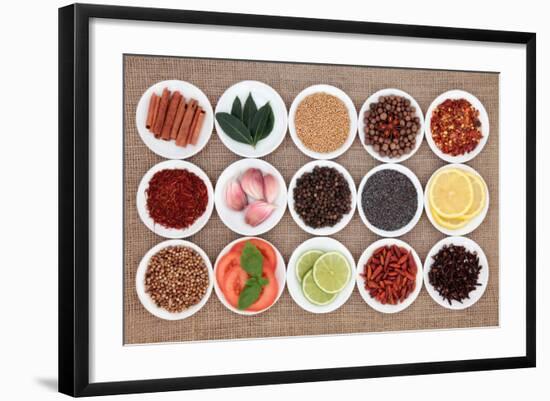 Large Spice, Herb And Food Ingredient Selection In White Porcelain Bowls Over Hessian Background-marilyna-Framed Art Print