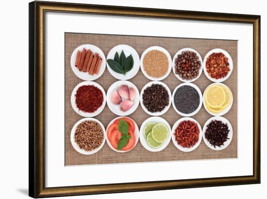 Large Spice, Herb And Food Ingredient Selection In White Porcelain Bowls Over Hessian Background-marilyna-Framed Art Print