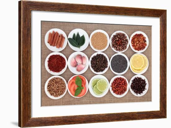 Large Spice, Herb And Food Ingredient Selection In White Porcelain Bowls Over Hessian Background-marilyna-Framed Art Print