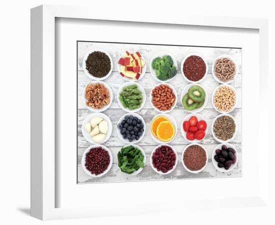 Large Super Food Selection In White Porcelain Dishes Over Distressed White Wooden Background-marilyna-Framed Premium Giclee Print