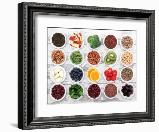 Large Super Food Selection In White Porcelain Dishes Over Distressed White Wooden Background-marilyna-Framed Premium Giclee Print
