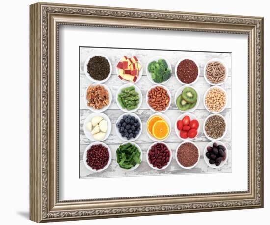 Large Super Food Selection In White Porcelain Dishes Over Distressed White Wooden Background-marilyna-Framed Art Print