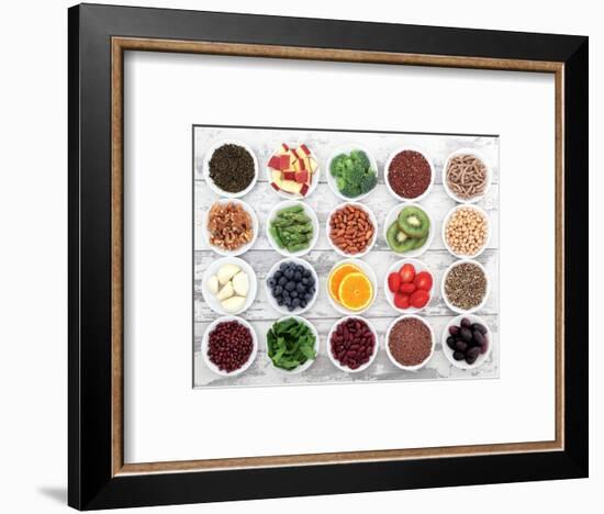 Large Super Food Selection In White Porcelain Dishes Over Distressed White Wooden Background-marilyna-Framed Art Print