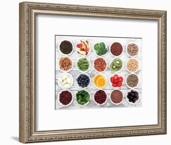 Large Super Food Selection In White Porcelain Dishes Over Distressed White Wooden Background-marilyna-Framed Art Print