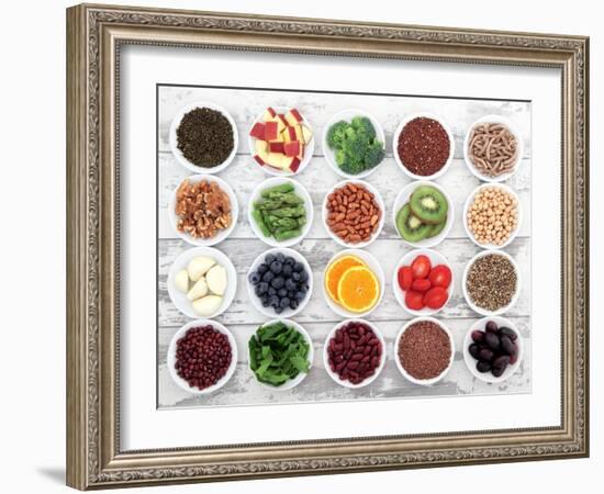 Large Super Food Selection In White Porcelain Dishes Over Distressed White Wooden Background-marilyna-Framed Art Print