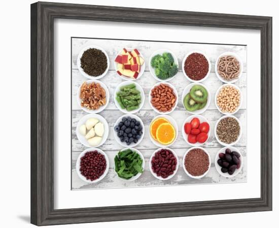 Large Super Food Selection In White Porcelain Dishes Over Distressed White Wooden Background-marilyna-Framed Art Print