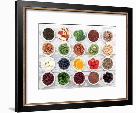 Large Super Food Selection In White Porcelain Dishes Over Distressed White Wooden Background-marilyna-Framed Art Print