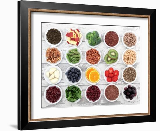 Large Super Food Selection In White Porcelain Dishes Over Distressed White Wooden Background-marilyna-Framed Art Print