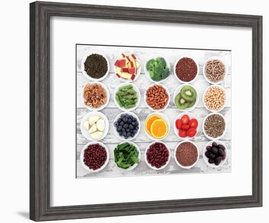 Large Super Food Selection In White Porcelain Dishes Over Distressed White Wooden Background-marilyna-Framed Art Print