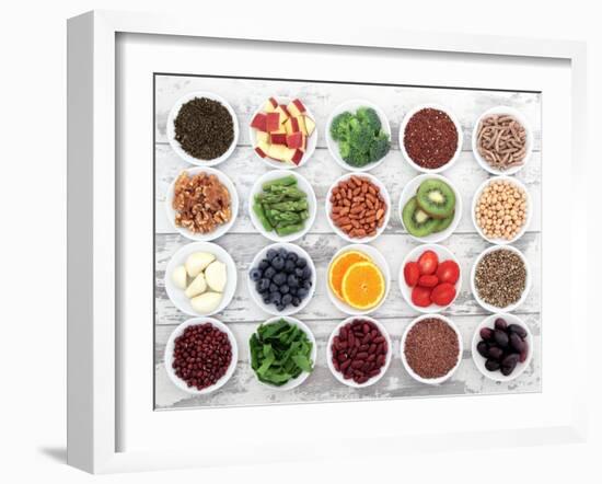 Large Super Food Selection In White Porcelain Dishes Over Distressed White Wooden Background-marilyna-Framed Art Print