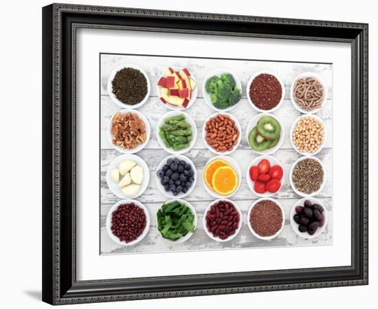 Large Super Food Selection In White Porcelain Dishes Over Distressed White Wooden Background-marilyna-Framed Art Print