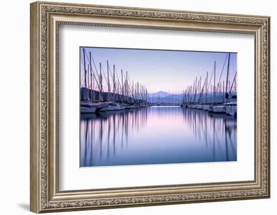 Large Yacht Harbor in Purple Sunset Light-Anna Omelchenko-Framed Photographic Print