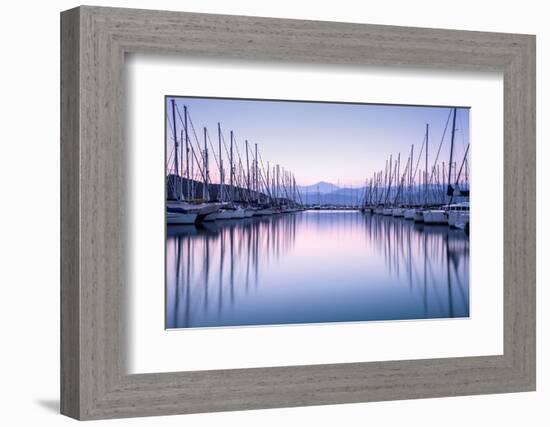 Large Yacht Harbor in Purple Sunset Light-Anna Omelchenko-Framed Photographic Print