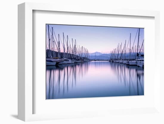 Large Yacht Harbor in Purple Sunset Light-Anna Omelchenko-Framed Photographic Print