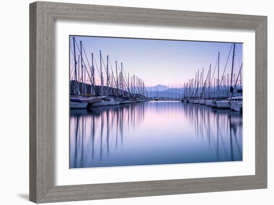 Large Yacht Harbor in Purple Sunset Light-Anna Omelchenko-Framed Photographic Print