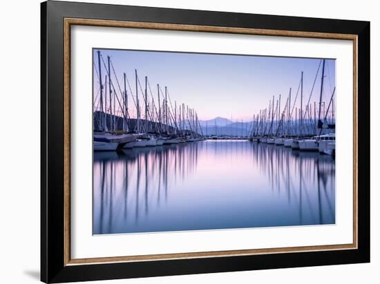 Large Yacht Harbor in Purple Sunset Light-Anna Omelchenko-Framed Photographic Print