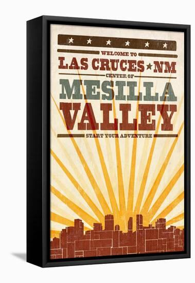 Las Cruces, New Mexico - Skyline and Sunburst Screenprint Style-Lantern Press-Framed Stretched Canvas